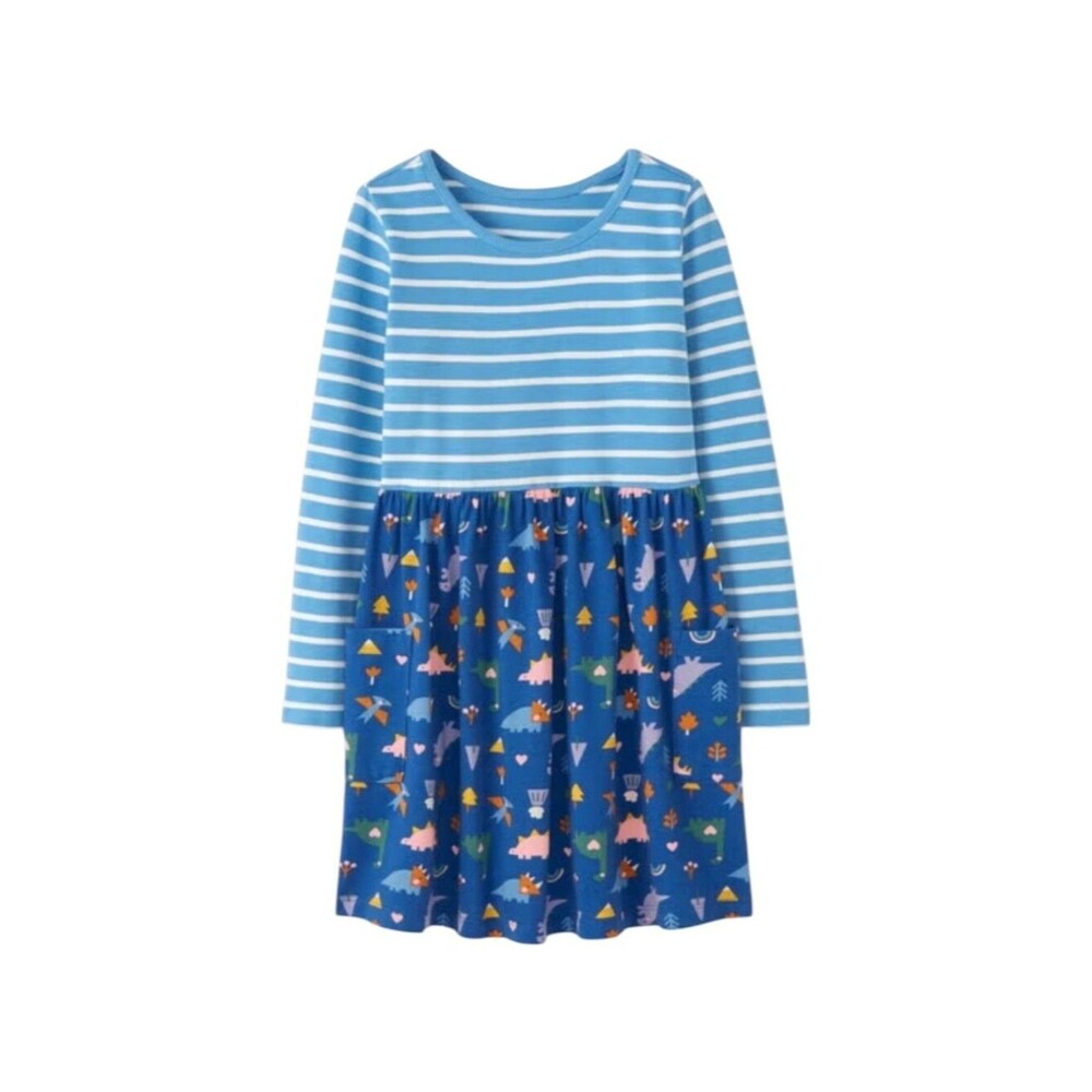 Hanna Andersson Kids Dinosaur Blue Cotton Play Dress Long Sleeves Girls 130 8